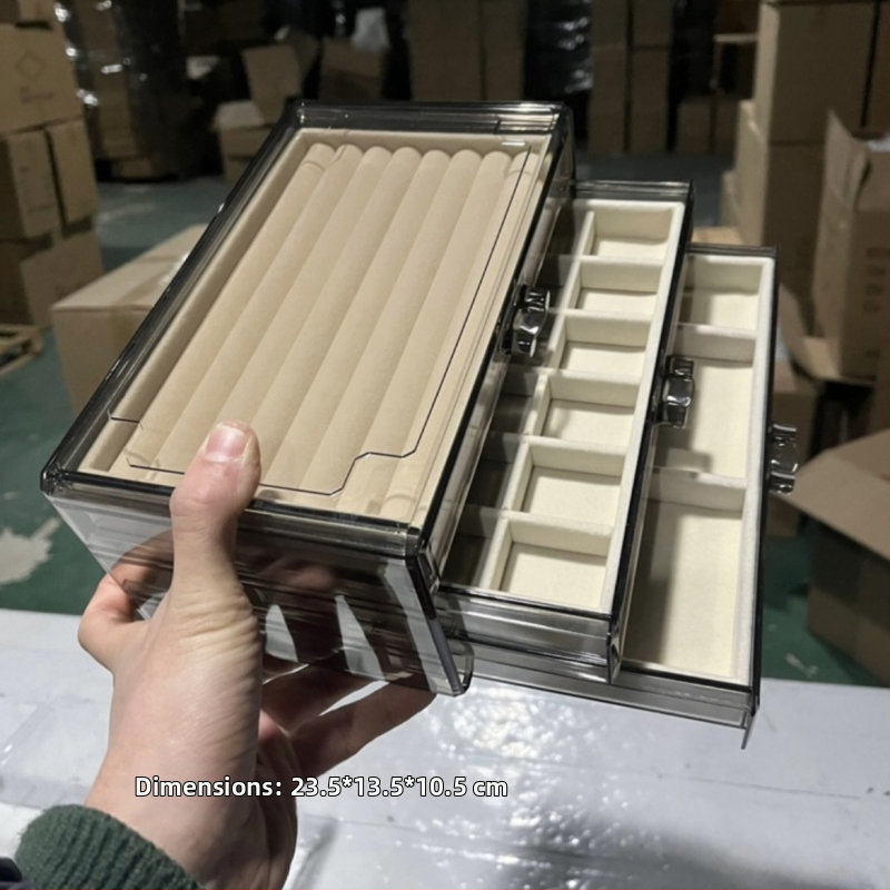 Skaidri pilka akrilo papuošalų dėžutė, daugiasluoksnė auskarų vėrinio, žiedų laikymo ir apdailos stalčiukas, karoliai, apyrankės, papuošalų dėžutė