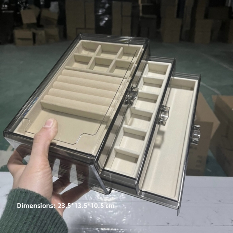 Skaidri pilka akrilo papuošalų dėžutė, daugiasluoksnė auskarų vėrinio, žiedų laikymo ir apdailos stalčiukas, karoliai, apyrankės, papuošalų dėžutė