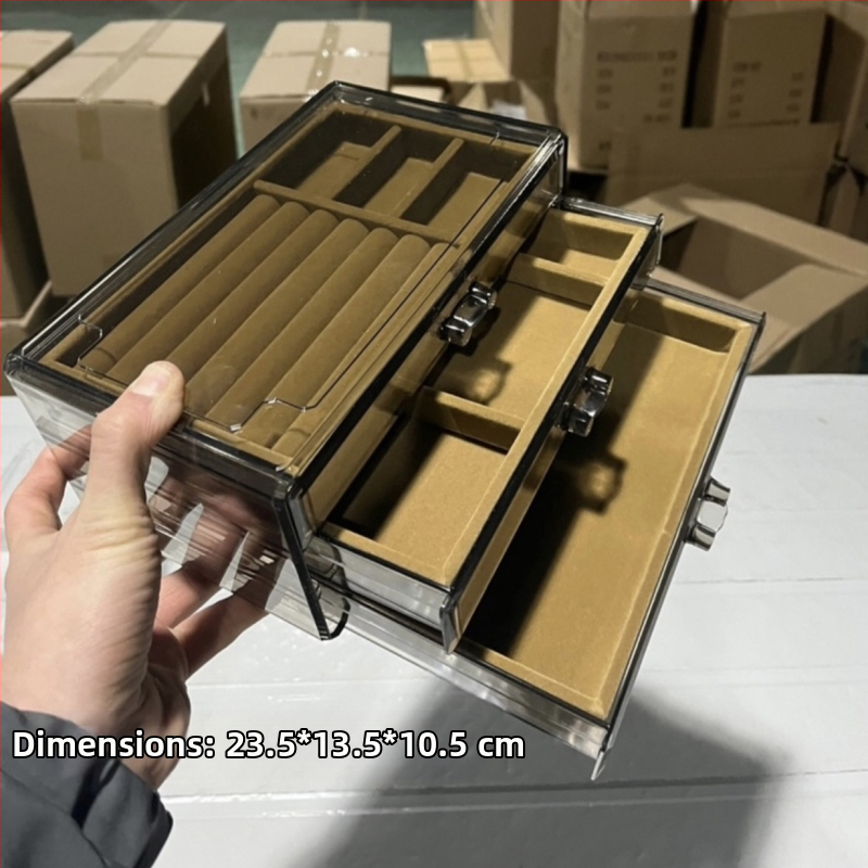 Skaidri pilka akrilo papuošalų dėžutė, daugiasluoksnė auskarų vėrinio, žiedų laikymo ir apdailos stalčiukas, karoliai, apyrankės, papuošalų dėžutė