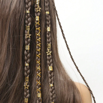 36 vnt. žvaigždės formos pakabukas, dekoratyviniai plaukų žiedų aksesuarai, tuščiaviduriai karoliukai, austi plaukų žiedų segtukai, vyniojimo virvės spyna, metalinė dekoracija