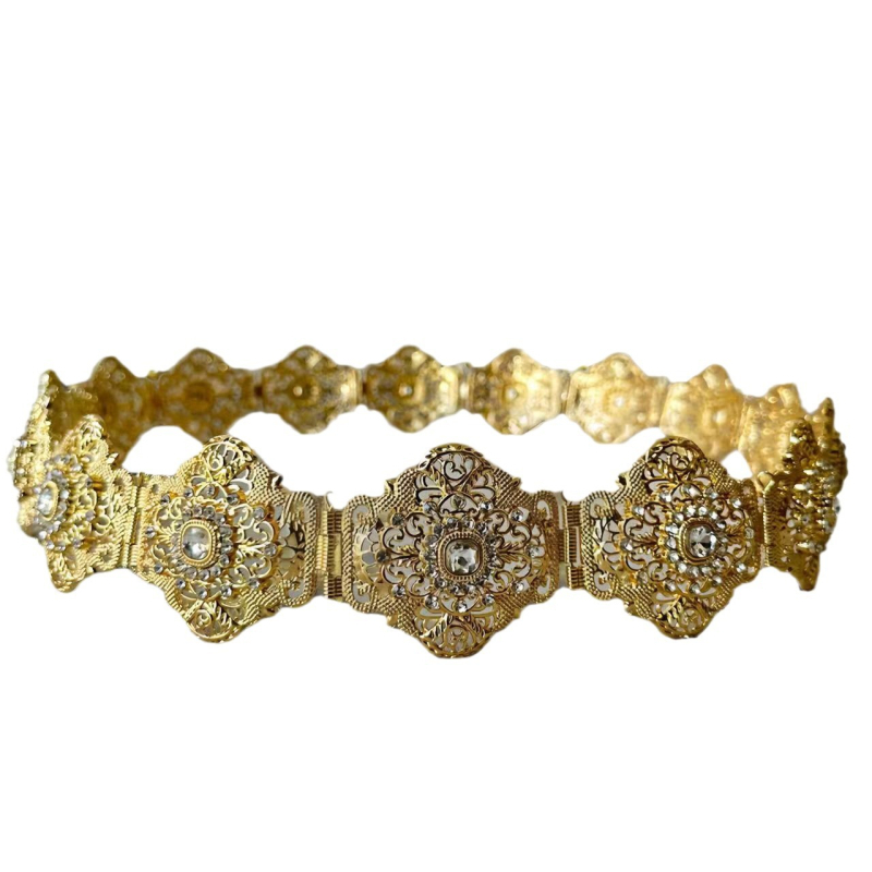 Lähis-Ida kuldne ja hõbedane daami metallikõõnes sädelev inkrusteeritud kristall-araabia rüü dekoratiivne vöö pulmafestivaliks