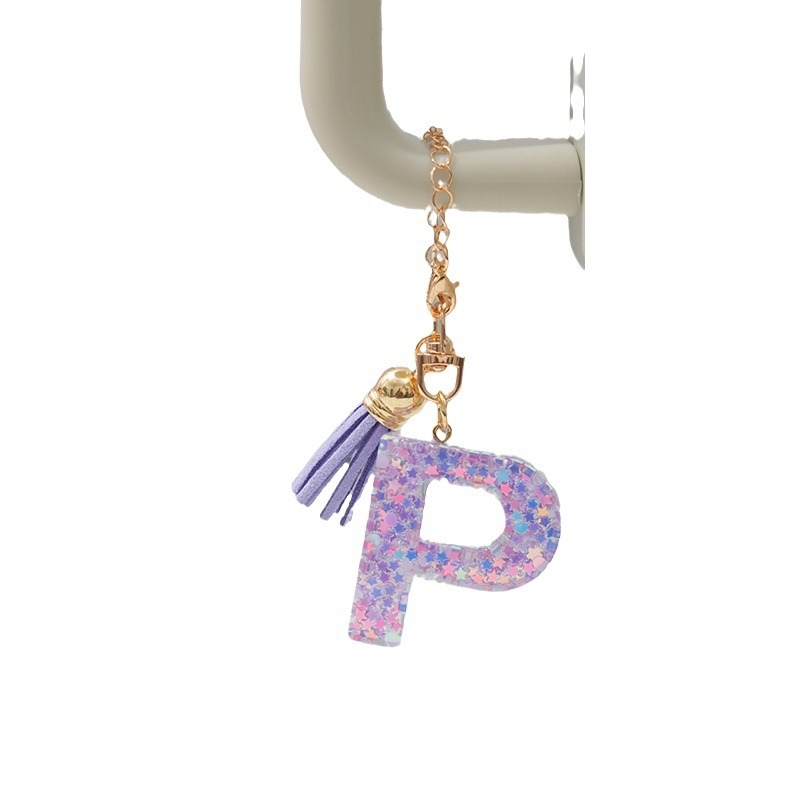 26 angliškų raidžių violetinis kutais ir žvaigždėmis puoštas blizgučiais moteriškas krepšys su vandens puodelio grandinėle, automobilio raktų pakabukas su kryželiu