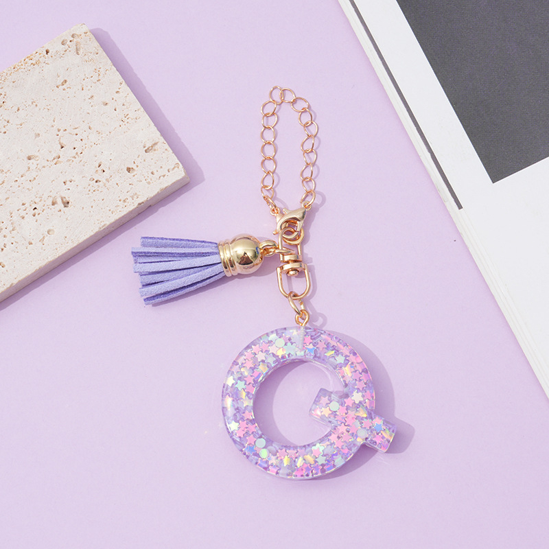 26 angliškų raidžių violetinis kutais ir žvaigždėmis puoštas blizgučiais moteriškas krepšys su vandens puodelio grandinėle, automobilio raktų pakabukas su kryželiu