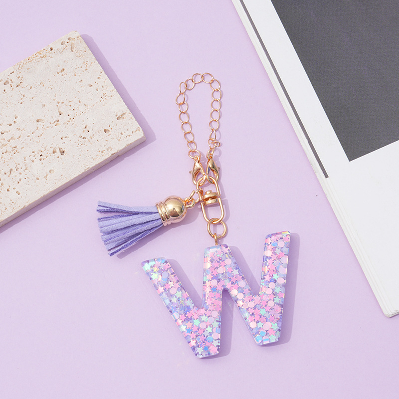 26 angliškų raidžių violetinis kutais ir žvaigždėmis puoštas blizgučiais moteriškas krepšys su vandens puodelio grandinėle, automobilio raktų pakabukas su kryželiu