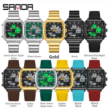 SANDA kahe ekraaniga elektrooniline käekell, moodne äriline multifunktsionaalne meeste käekell, terasest ribaga ruudukujuline veekindel elektrooniline käekell meestele