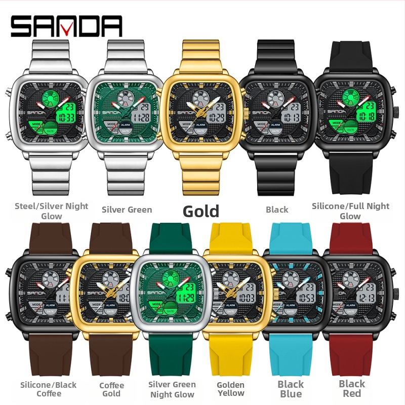 SANDA Електронен часовник с двоен дисплей, моден бизнес, многофункционален мъжки ръчен часовник със стоманена каишка, квадратна водоустойчива електронна каишка за мъже