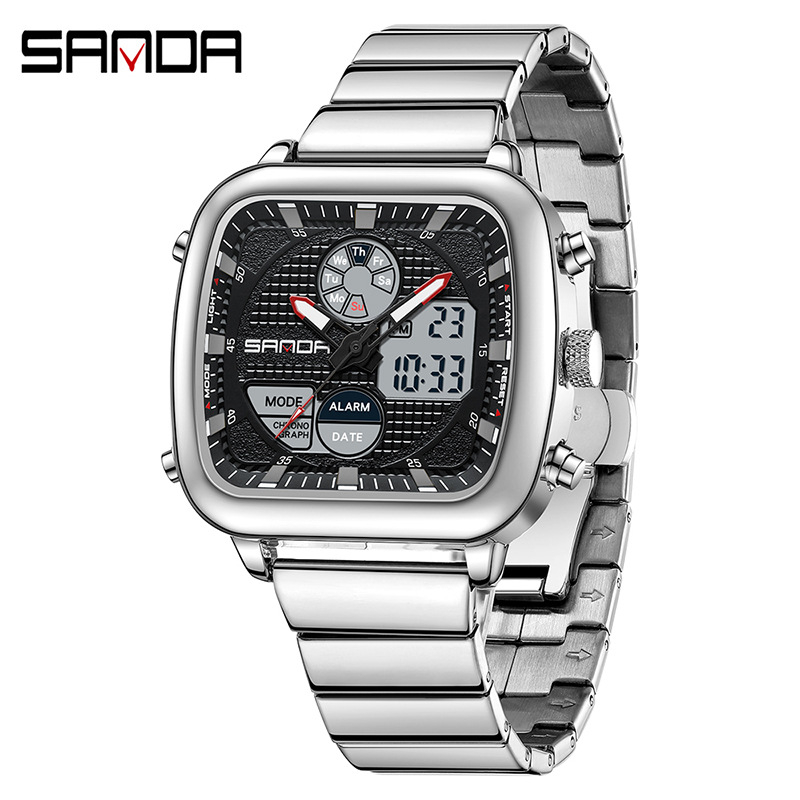 SANDA kahe ekraaniga elektrooniline käekell, moodne äriline multifunktsionaalne meeste käekell, terasest ribaga ruudukujuline veekindel elektrooniline käekell meestele