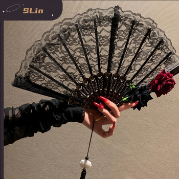 Lolita tamsių nėrinių vėduoklė moteriška rožių sulankstoma vėduoklė seksualūs aksesuarai papuošalai komiksų paroda „Cos“ drabužių aksesuarai