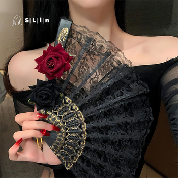 Lolita tamsių nėrinių vėduoklė moteriška rožių sulankstoma vėduoklė seksualūs aksesuarai papuošalai komiksų paroda „Cos“ drabužių aksesuarai