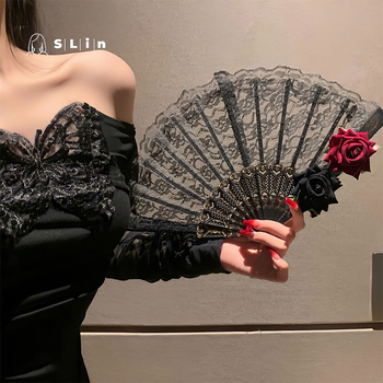 Lolita tamsių nėrinių vėduoklė moteriška rožių sulankstoma vėduoklė seksualūs aksesuarai papuošalai komiksų paroda „Cos“ drabužių aksesuarai