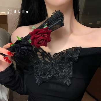 Lolita tamsių nėrinių vėduoklė moteriška rožių sulankstoma vėduoklė seksualūs aksesuarai papuošalai komiksų paroda „Cos“ drabužių aksesuarai