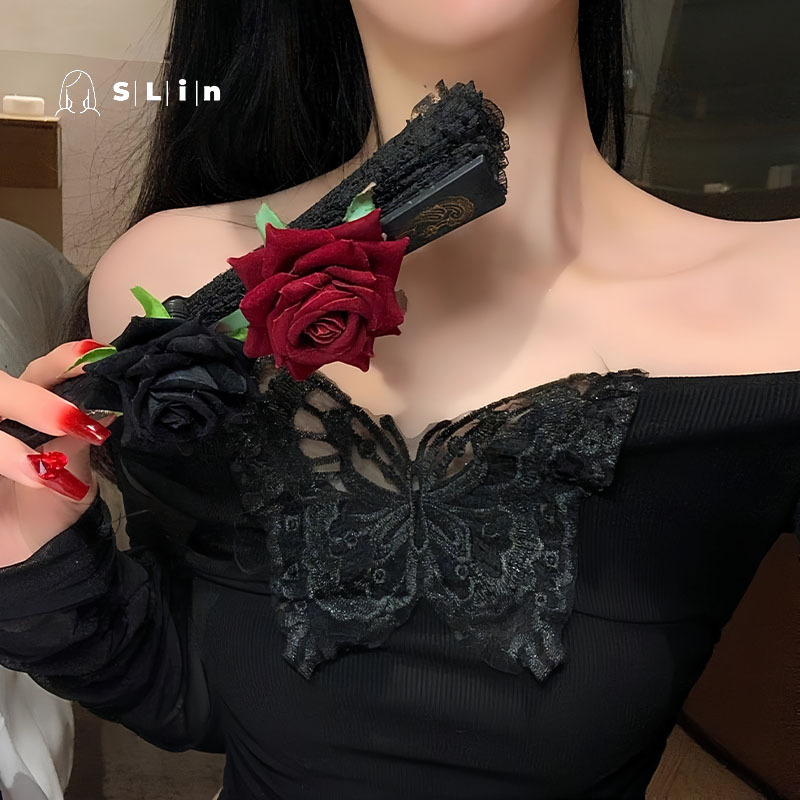 Lolita tamsių nėrinių vėduoklė moteriška rožių sulankstoma vėduoklė seksualūs aksesuarai papuošalai komiksų paroda „Cos“ drabužių aksesuarai