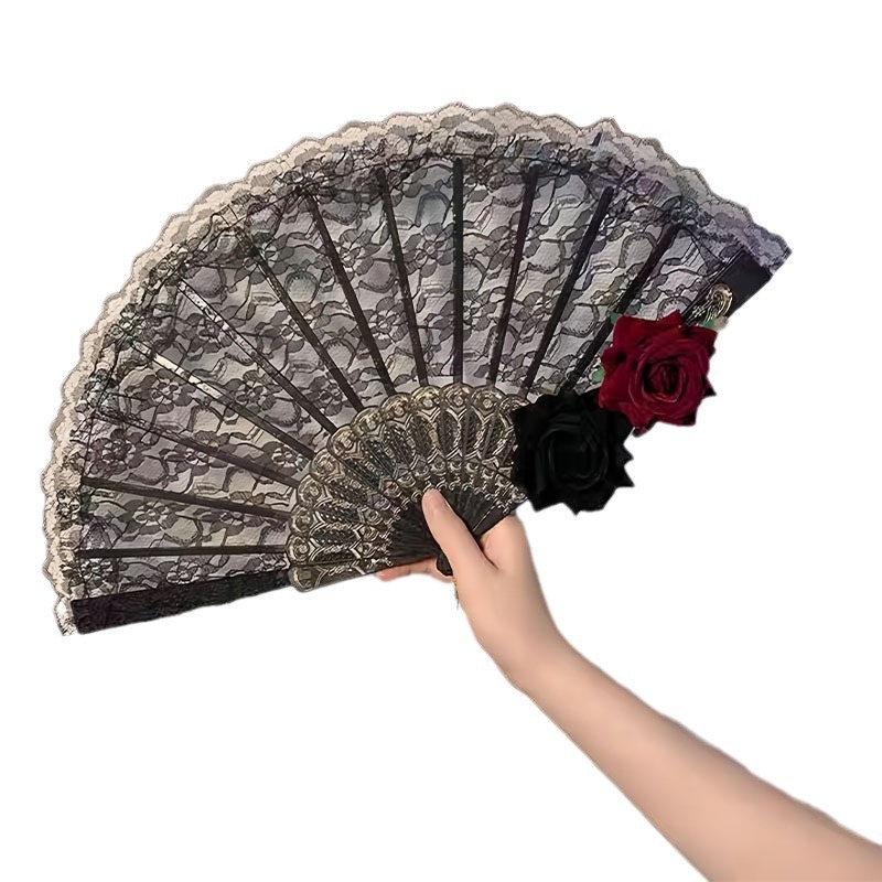 Lolita tamsių nėrinių vėduoklė moteriška rožių sulankstoma vėduoklė seksualūs aksesuarai papuošalai komiksų paroda „Cos“ drabužių aksesuarai