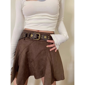 Amerikietiškas vesterno kaubojiškas retro stiliaus moteriškas diržas, skirtas kelionėms į darbą ir atgal, rudas, su džinso sagtimi, madingas