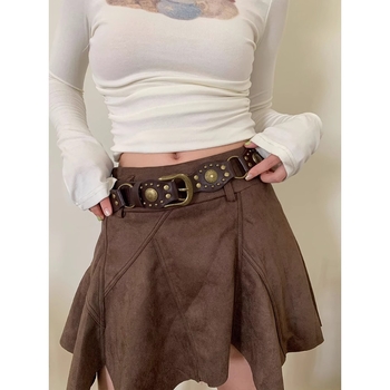 Amerikietiškas vesterno kaubojiškas retro stiliaus moteriškas diržas, skirtas kelionėms į darbą ir atgal, rudas, su džinso sagtimi, madingas
