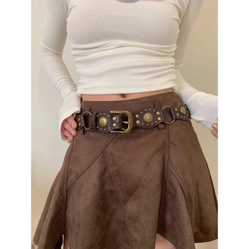Amerikietiškas vesterno kaubojiškas retro stiliaus moteriškas diržas, skirtas kelionėms į darbą ir atgal, rudas, su džinso sagtimi, madingas