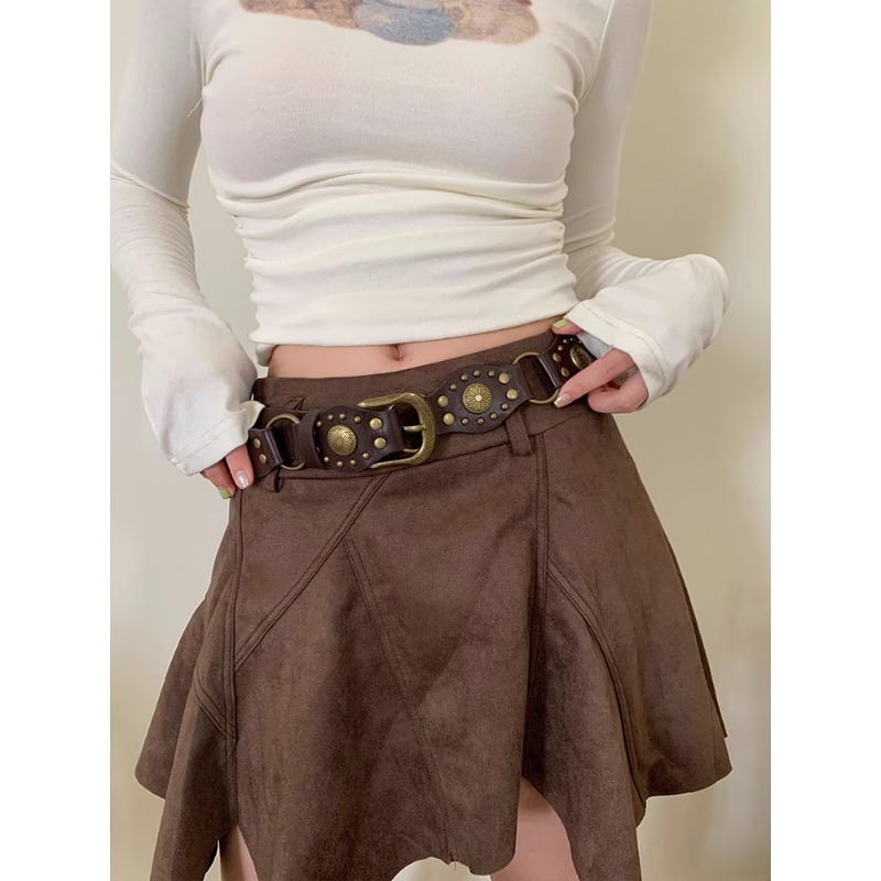 Amerikietiškas vesterno kaubojiškas retro stiliaus moteriškas diržas, skirtas kelionėms į darbą ir atgal, rudas, su džinso sagtimi, madingas