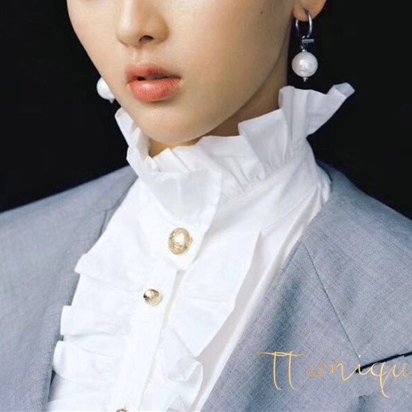 Retro stiliaus dvaro stiliaus raukta apykaklė su auksine sagtimi ir žvaigžde bei balta netikra apykakle.