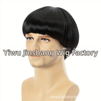 Мъжка черна COS перука с глава на диня, перука с глава с гъба, перука с капачка на главата, перука с глупакова глава