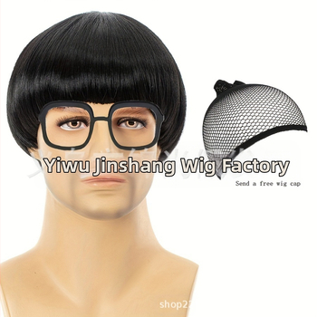 Мъжка черна COS перука с глава на диня, перука с глава с гъба, перука с капачка на главата, перука с глупакова глава