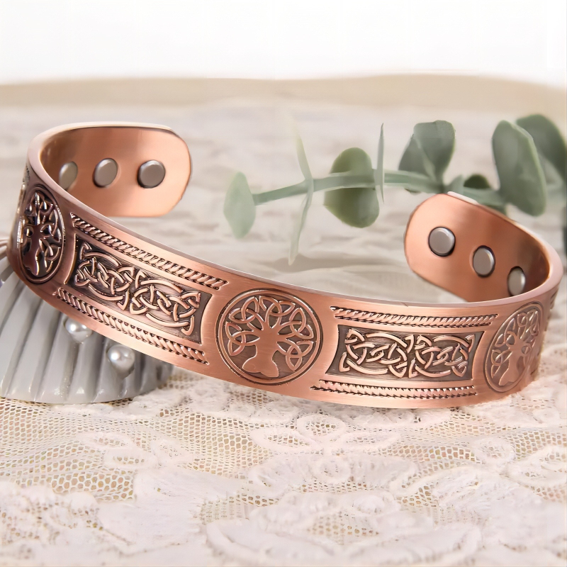 AliExpress jauna cirsta ziedu slepenā teksta sena sarkana vara magnētiskā aproce 15 mm vikingu vīriešu atvērta aproce