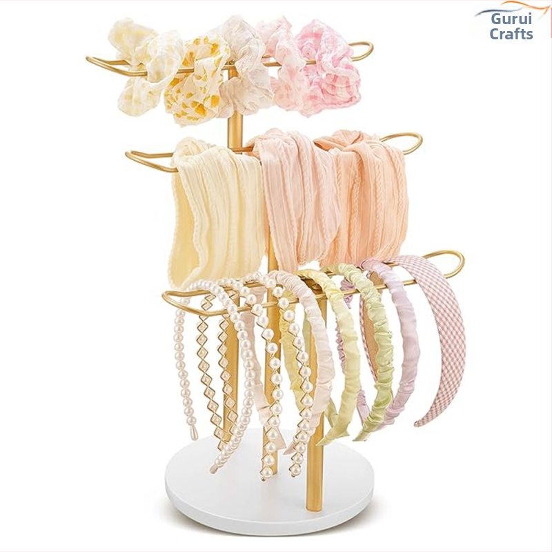 Metalinis galvos juostos stovas Trijų sluoksnių galvos juostos laikymo lentynėlė Auksinė galvos juostos laikymo lentynėlė Galvos juostos demonstravimo lentynėlė su mediniu pagrindu