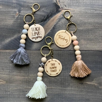 Σκανδιναβικό στυλ στρογγυλό κομμάτι ξύλου με χάντρες από ξύλο, φούντα, κρεμαστό κόσμημα μπρελόκ, χάντρες σιλικόνης, χειροποίητη τσάντα, διακοσμητικό κρεμαστό κόσμημα