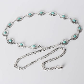 Dámska starobylá strieborná staročeská kvetinová tyrkysová kovová retiazka o pás s etnickou módnou intarziou, vyrezávanou dekoráciou