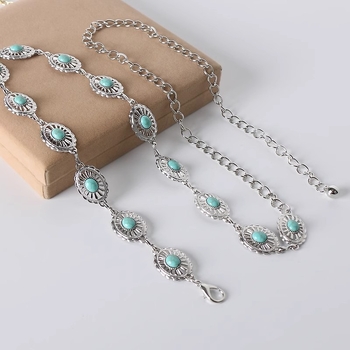 Γυναικεία Ασημένια Αλυσίδα Μέσης με Τυρκουάζ Λουλούδι και Έθνικ Ένθετο, Μεταλλική Αλυσίδα Μέσης με Σκαλιστή Διακόσμηση