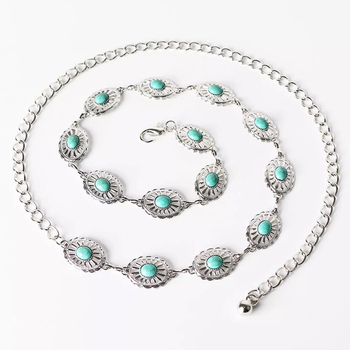 Γυναικεία Ασημένια Αλυσίδα Μέσης με Τυρκουάζ Λουλούδι και Έθνικ Ένθετο, Μεταλλική Αλυσίδα Μέσης με Σκαλιστή Διακόσμηση