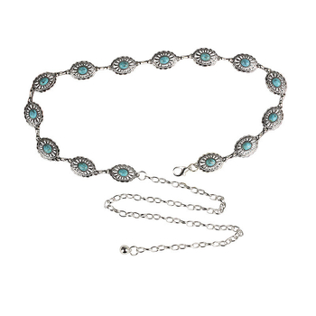 Γυναικεία Ασημένια Αλυσίδα Μέσης με Τυρκουάζ Λουλούδι και Έθνικ Ένθετο, Μεταλλική Αλυσίδα Μέσης με Σκαλιστή Διακόσμηση