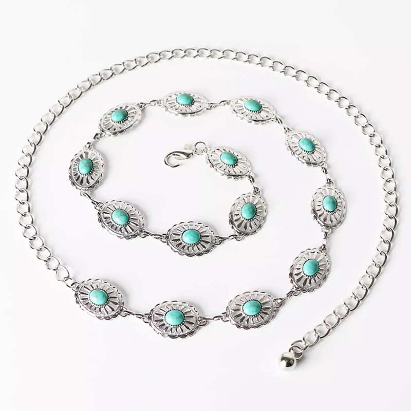 Dámska starobylá strieborná staročeská kvetinová tyrkysová kovová retiazka o pás s etnickou módnou intarziou, vyrezávanou dekoráciou