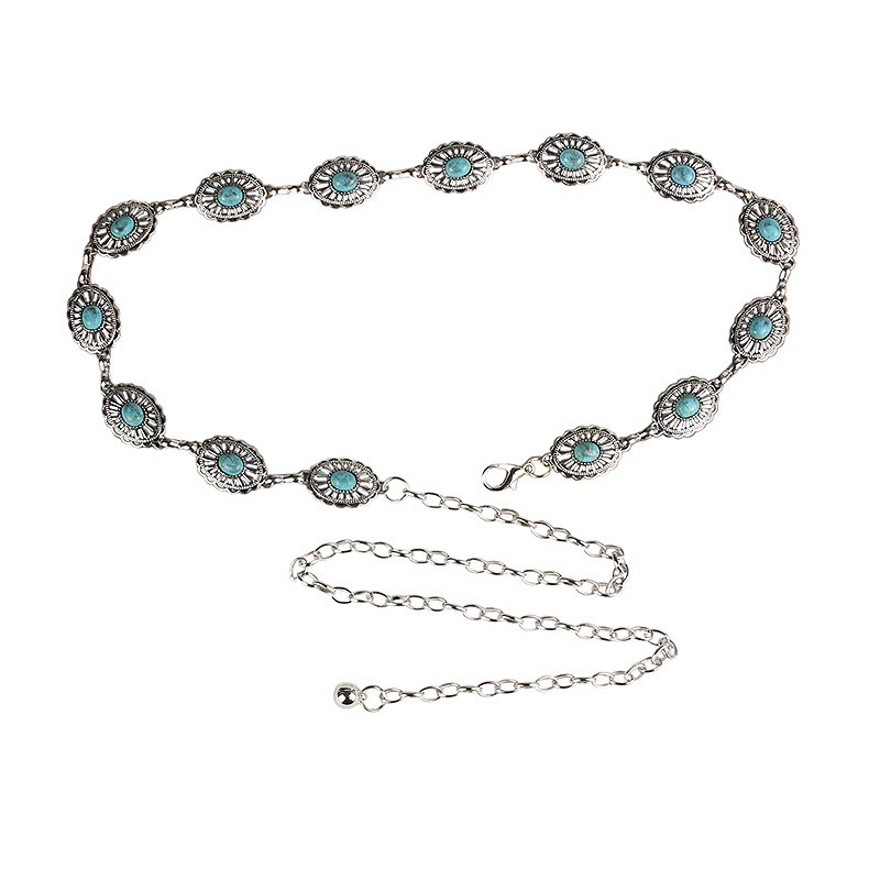 Dámska starobylá strieborná staročeská kvetinová tyrkysová kovová retiazka o pás s etnickou módnou intarziou, vyrezávanou dekoráciou