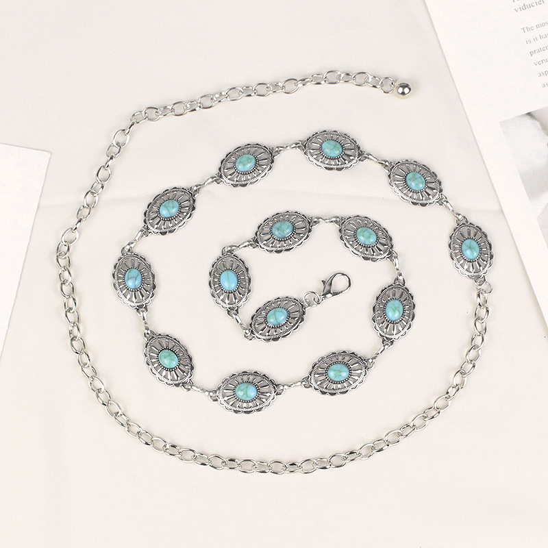 Dámska starobylá strieborná staročeská kvetinová tyrkysová kovová retiazka o pás s etnickou módnou intarziou, vyrezávanou dekoráciou