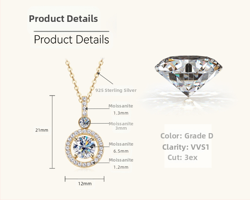 Modna vrhunska ogrlica od moissanitea, modni okrugli moisan privjesak od 925 srebra, veleprodaja lanca od ključne kosti