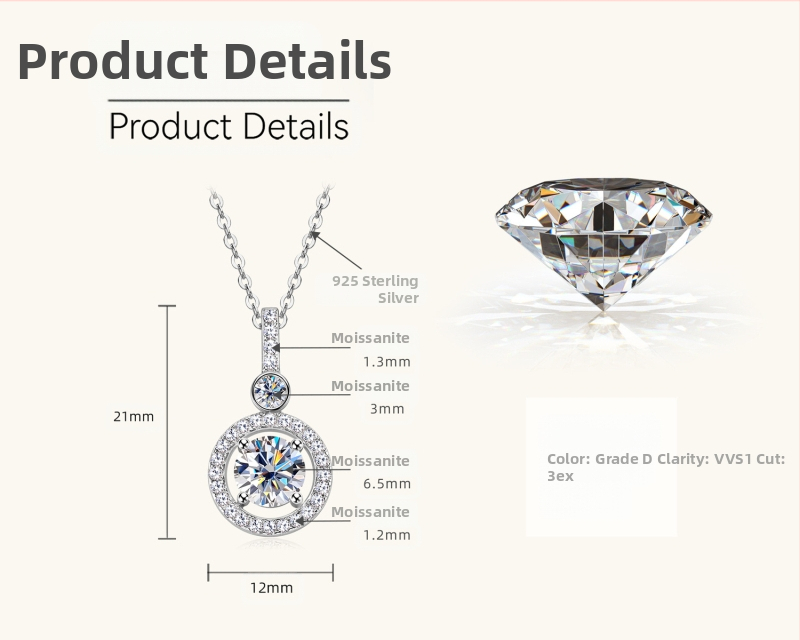 Modna vrhunska ogrlica od moissanitea, modni okrugli moisan privjesak od 925 srebra, veleprodaja lanca od ključne kosti