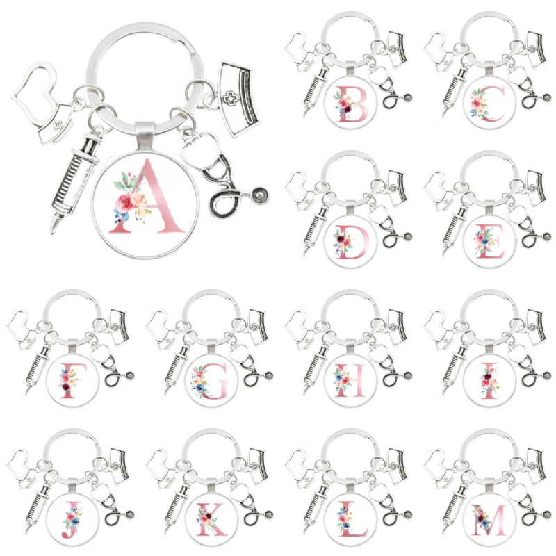 Slaugytojos stetoskopo švirkštas, angliški inicialai nuo A iki Z, raktų pakabukas - medicininis aukso spalvos, skirtas krepšiui ar kuprinei