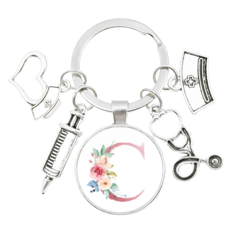Slaugytojos stetoskopo švirkštas, angliški inicialai nuo A iki Z, raktų pakabukas - medicininis aukso spalvos, skirtas krepšiui ar kuprinei