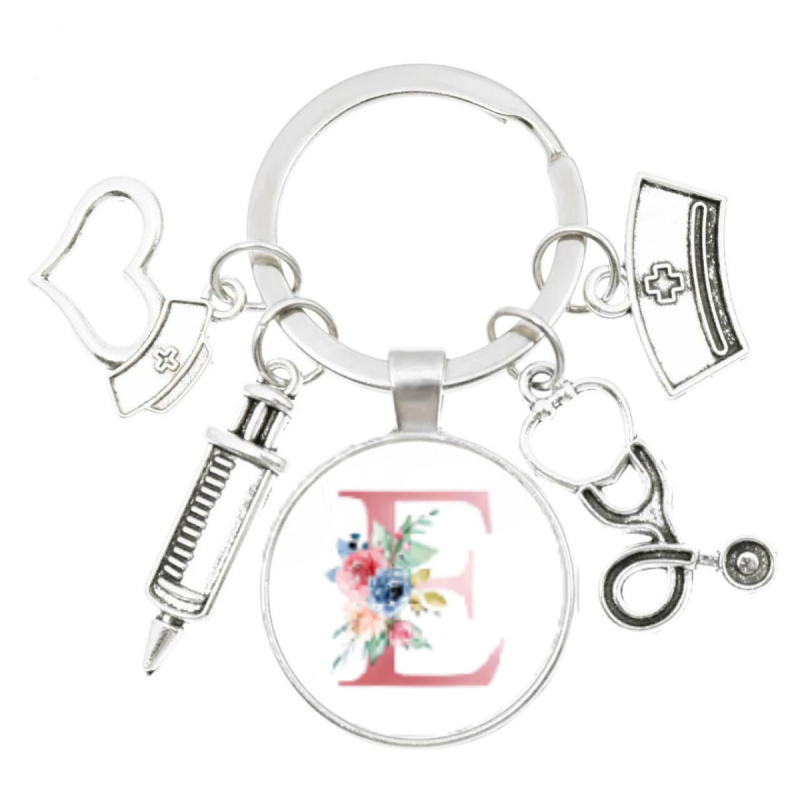 Slaugytojos stetoskopo švirkštas, angliški inicialai nuo A iki Z, raktų pakabukas - medicininis aukso spalvos, skirtas krepšiui ar kuprinei