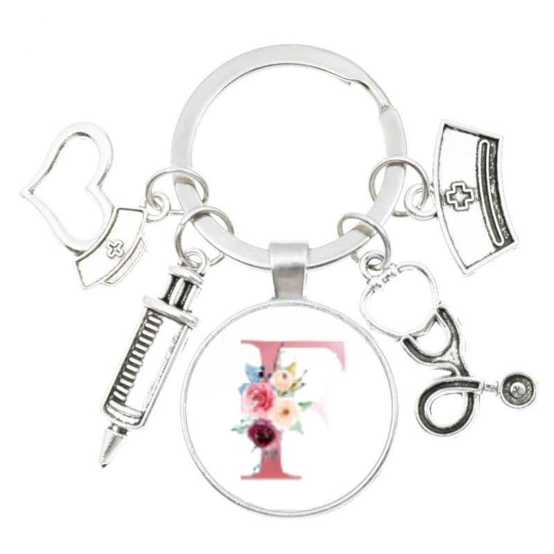 Slaugytojos stetoskopo švirkštas, angliški inicialai nuo A iki Z, raktų pakabukas - medicininis aukso spalvos, skirtas krepšiui ar kuprinei