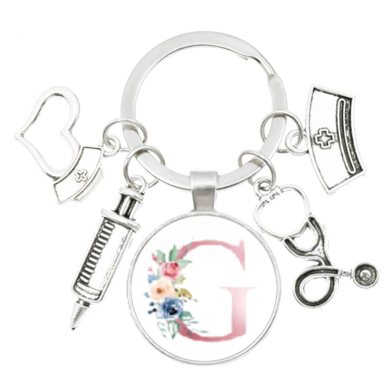 Slaugytojos stetoskopo švirkštas, angliški inicialai nuo A iki Z, raktų pakabukas - medicininis aukso spalvos, skirtas krepšiui ar kuprinei