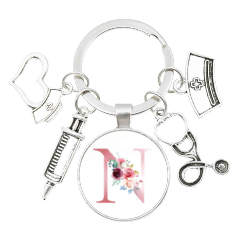 Slaugytojos stetoskopo švirkštas, angliški inicialai nuo A iki Z, raktų pakabukas - medicininis aukso spalvos, skirtas krepšiui ar kuprinei