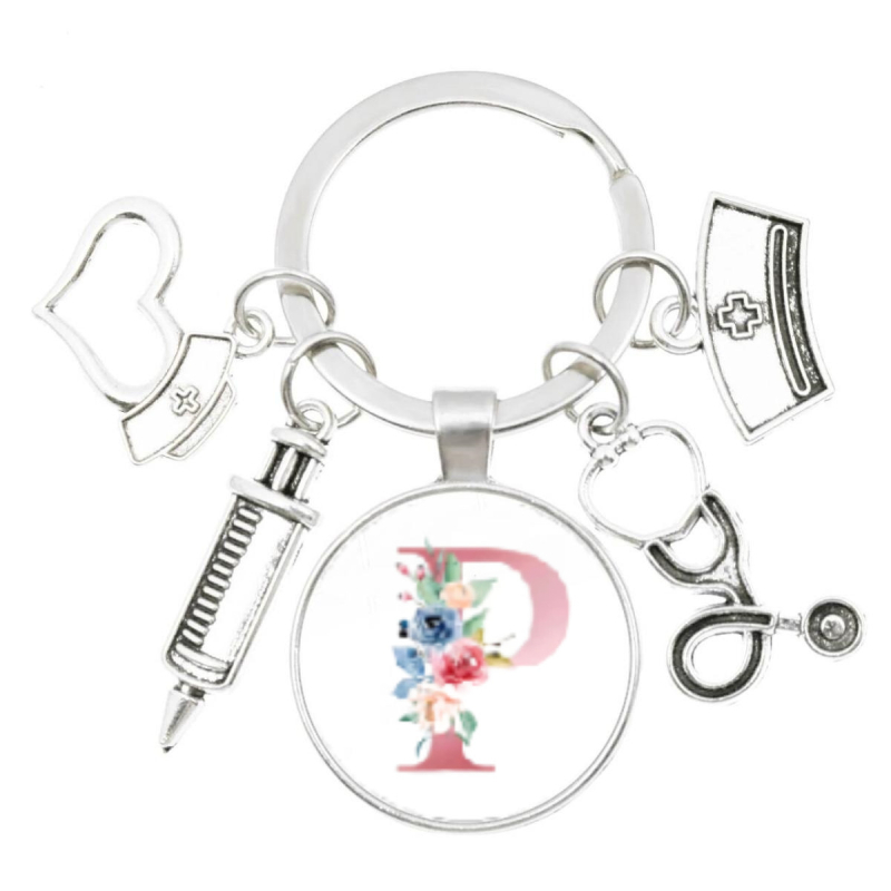 Slaugytojos stetoskopo švirkštas, angliški inicialai nuo A iki Z, raktų pakabukas - medicininis aukso spalvos, skirtas krepšiui ar kuprinei