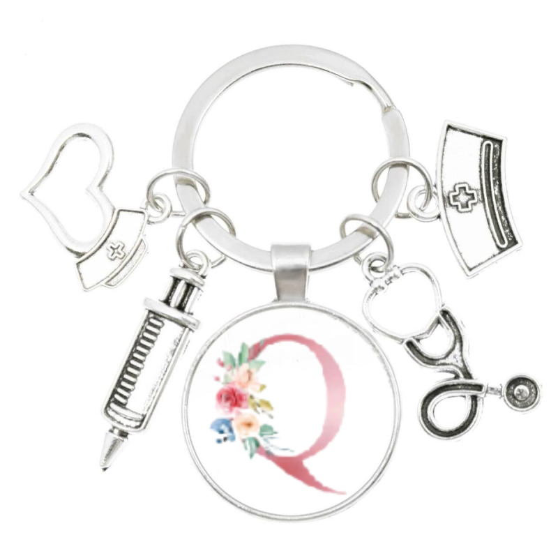 Slaugytojos stetoskopo švirkštas, angliški inicialai nuo A iki Z, raktų pakabukas - medicininis aukso spalvos, skirtas krepšiui ar kuprinei