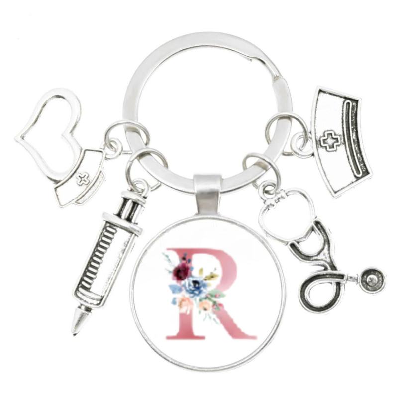 Slaugytojos stetoskopo švirkštas, angliški inicialai nuo A iki Z, raktų pakabukas - medicininis aukso spalvos, skirtas krepšiui ar kuprinei