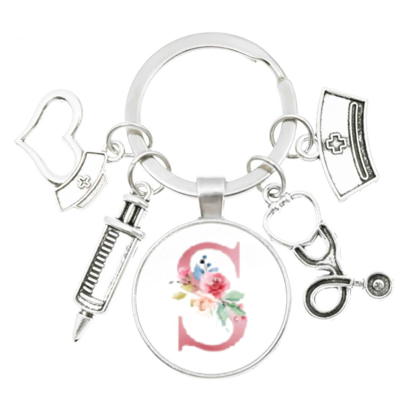 Slaugytojos stetoskopo švirkštas, angliški inicialai nuo A iki Z, raktų pakabukas - medicininis aukso spalvos, skirtas krepšiui ar kuprinei