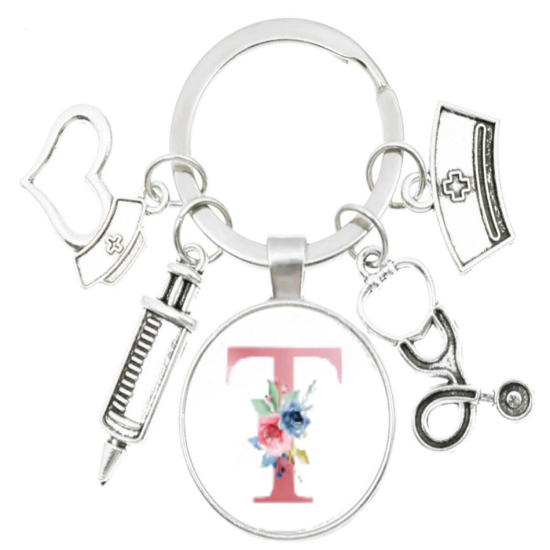 Slaugytojos stetoskopo švirkštas, angliški inicialai nuo A iki Z, raktų pakabukas - medicininis aukso spalvos, skirtas krepšiui ar kuprinei