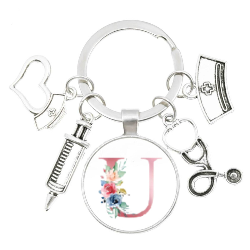 Slaugytojos stetoskopo švirkštas, angliški inicialai nuo A iki Z, raktų pakabukas - medicininis aukso spalvos, skirtas krepšiui ar kuprinei