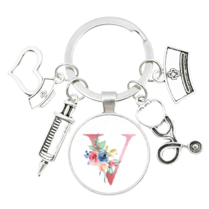 Slaugytojos stetoskopo švirkštas, angliški inicialai nuo A iki Z, raktų pakabukas - medicininis aukso spalvos, skirtas krepšiui ar kuprinei
