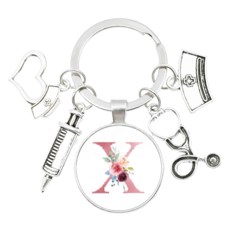 Slaugytojos stetoskopo švirkštas, angliški inicialai nuo A iki Z, raktų pakabukas - medicininis aukso spalvos, skirtas krepšiui ar kuprinei